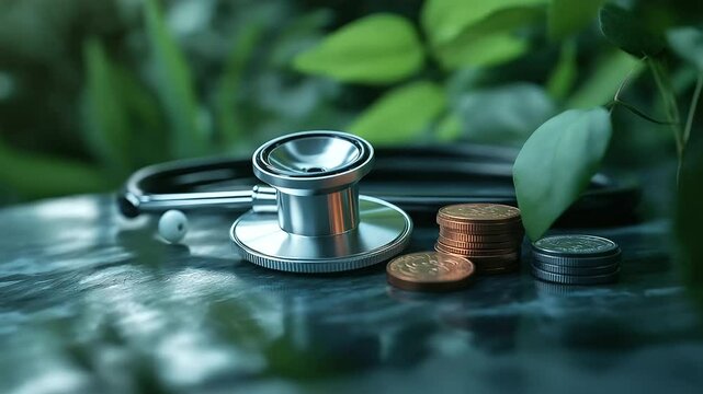 A doctor's stethoscope resting on neatly stacked silver and copper coins, symbolizing the high cost of medical care and insurance.