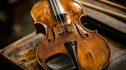 antique violin on wooden surface