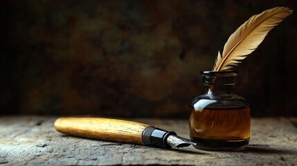 vintage quill pen inkwell and wooden pen on rustic wood
