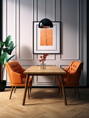 Dining area with orange chairs, wooden table, black pendant light, and leaf artwork on the wall