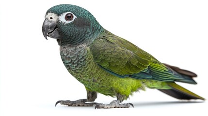 Obraz premium This is a studio photograph of a green and blue-headed conure parrot standing on a white background, suitable for pet shop, aviary, or exotic bird enthusiast blogs/websites.