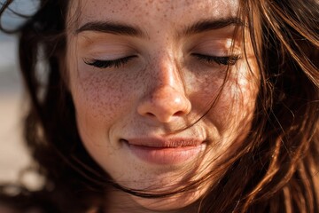 A close-up shot of a smiling woman with freckles and her eyes gently closed in the sunlight.