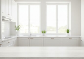 Fototapeta premium Modern kitchen empty wooden table window mockup sink in a hotel interior design