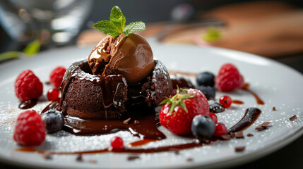 Decadent Chocolate Lava Cake: A Warm, Molten Center Flows Out, Adorned with Fresh Raspberries, Mint, and a Scoop of Vanilla Ice Cream, a Perfect Dessert.