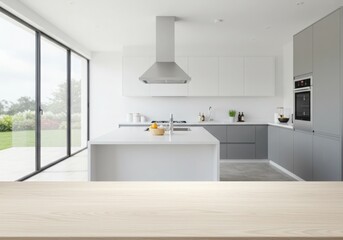 Modern kitchen empty wooden table window mockup sink in a hotel interior design