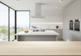 Modern kitchen empty wooden table window mockup sink in a hotel interior design