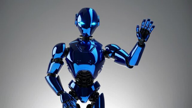 Blue chrome humanoid robot gestures in front of gradient background, artificial intelligence, robotics, future, innovation, digital age