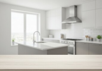 Modern kitchen empty wooden table window mockup sink in a hotel interior design