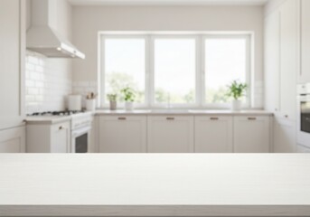 Modern kitchen empty wooden table window mockup sink in a hotel interior design