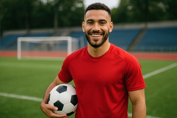 Smiling athlete holding soccer ball.