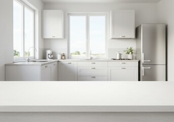 Fototapeta premium Modern kitchen empty wooden table window mockup sink in a hotel interior design