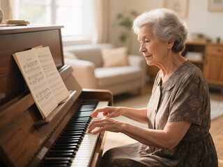 Older woman learning piano in warm living room, music sheets in front, afternoon light, enhancing brain activity for dementia prevention, creative and cognitive stimulation