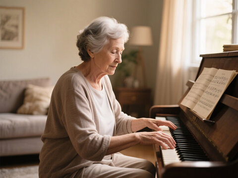 Senior woman practicing piano in cozy living room, music sheets open, soft afternoon light, promoting brain engagement and dementia prevention, lifestyle stock image