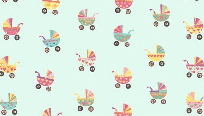 Cute stroller pattern, pastel colors, repeating design, texture, graphic