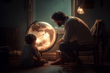 A father and son explore the world, gazing at a glowing globe together in a warm, intimate setting.