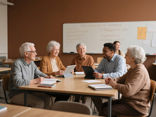 Multicultural seniors learning new language in classroom, focused expressions and use of digital tools, promoting brain health, memory support and active lifestyle in old age