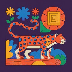 A bold jaguar stands confidently on a log, featuring vibrant geometric flora and a striking purple background