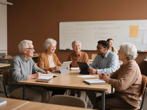 Multicultural seniors learning new language in classroom, focused expressions and use of digital tools, promoting brain health, memory support and active lifestyle in old age