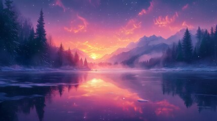 Serene Winter Sunset Over Snowy Mountains and Lake