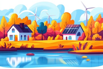 Autumn landscape with sustainable homes