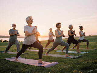 Senior yoga group at sunrise in open nature setting, wide angle view showing ethnic diversity, calm mood and connection between physical activity and brain health, stock photography