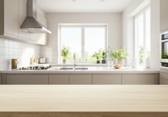 Fototapeta premium Modern kitchen empty wooden table window mockup sink in a hotel interior design