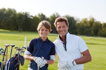 A father and son share a happy moment on the golf course, ready for a game together.