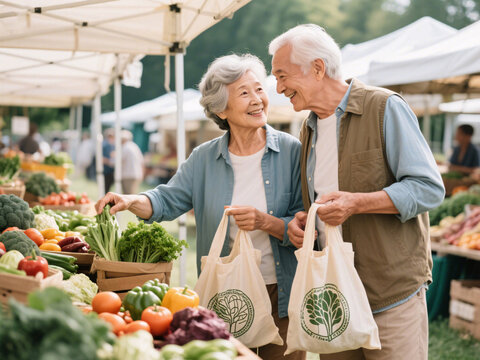 Senior couple buying fresh vegetables at farmers market with reusable bags, promoting brain health, dementia prevention, sustainable lifestyle and healthy aging habits