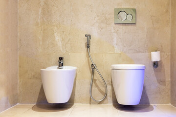  modern white toilet bowl and white wall-hung bidet in bathroom.