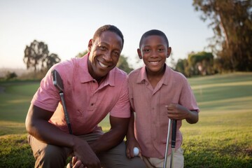A father and son share smiles on a sunny day at the golf course, ready to play.