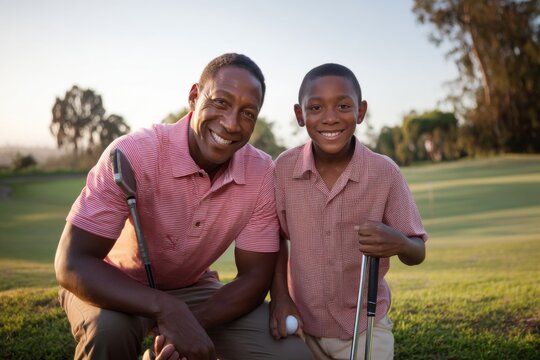 A father and son share smiles on a sunny day at the golf course, ready to play.