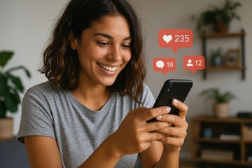Woman enjoying social media notifications.