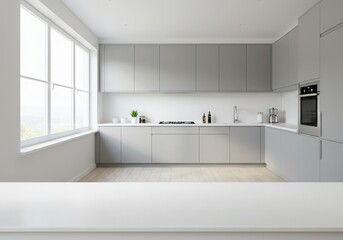 Modern kitchen empty wooden table window mockup sink in a hotel interior design