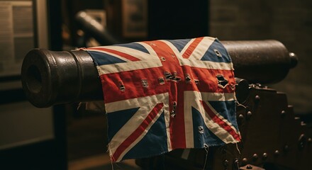 Fototapeta premium Weathered Union Jack draped over a historic cannon evokes themes of resilience and British heritage