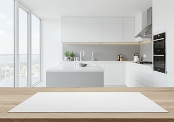 Fototapeta premium Modern kitchen empty wooden table window mockup sink in a hotel interior design