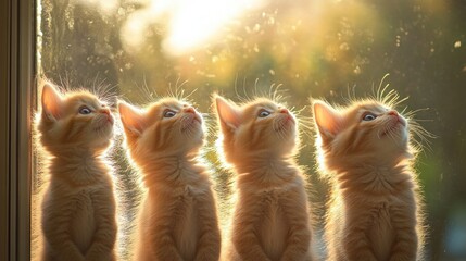 Fototapeta premium Playful Ginger Kittens Grooming in Sunlight by the Window with a Soft Glow and Eager Expressions