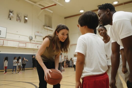 A coach and child are engaged in a basketball lesson, fostering teamwork in the gymnasium.