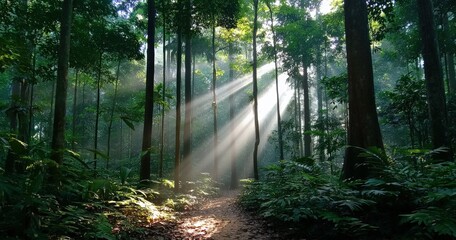 Obraz premium Sunlight streams through dense green trees in a serene, lush forest, illuminating the vibrant foliage on the forest floor.