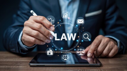Businessperson interacting with digital law interface on tablet.