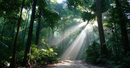 Obraz premium Sunlight streams through tall trees in a lush, green forest, illuminating the dense foliage and creating a serene, natural scene.