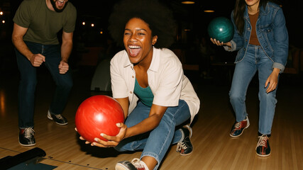 Joyful friends bowling together