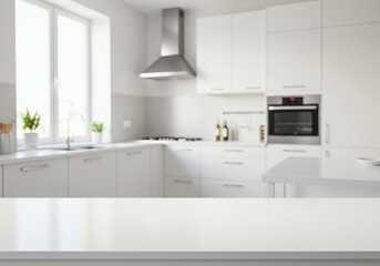 Modern kitchen empty wooden table window mockup sink in a hotel interior design