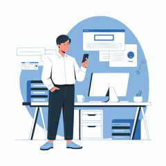 businessman use smart phones for work flat design on office background