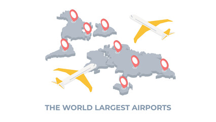 Isometric vector cargo or passenger plane flying from one location to another over a world map, in color on a white background, air travel or logistic flights.