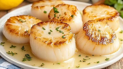 Seared scallops, glistening with lemon butter sauce