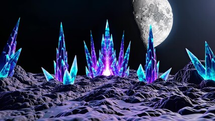 Vibrant crystal spikes illuminated by full moon create surreal magical night landscape evoking wonder intrigue fantasy power dynamic discovery and exploration