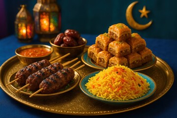 Eid al-Adha Food Celebration with Moon Decor, Lanterns, Lamb Skewers, Yellow Pilaf, and Sweet Baklava Tower

