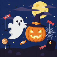 flat illustration of halloween pumpkin witch ghost