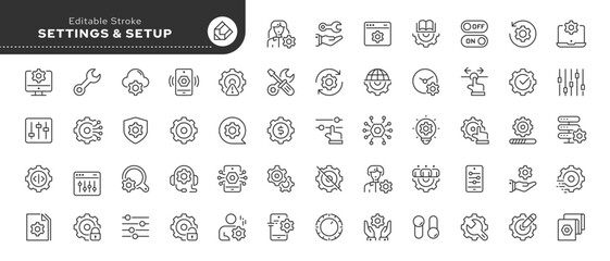 Settings and setup line icon set. Option, installation, regulation and control tool. Outline vector icon in linear style. Series of pictograms.	