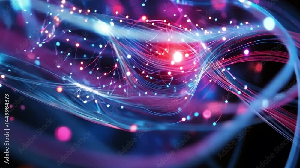Poster digital network symphony: a mesmerizing display of intertwined luminous threads, pulsating with data